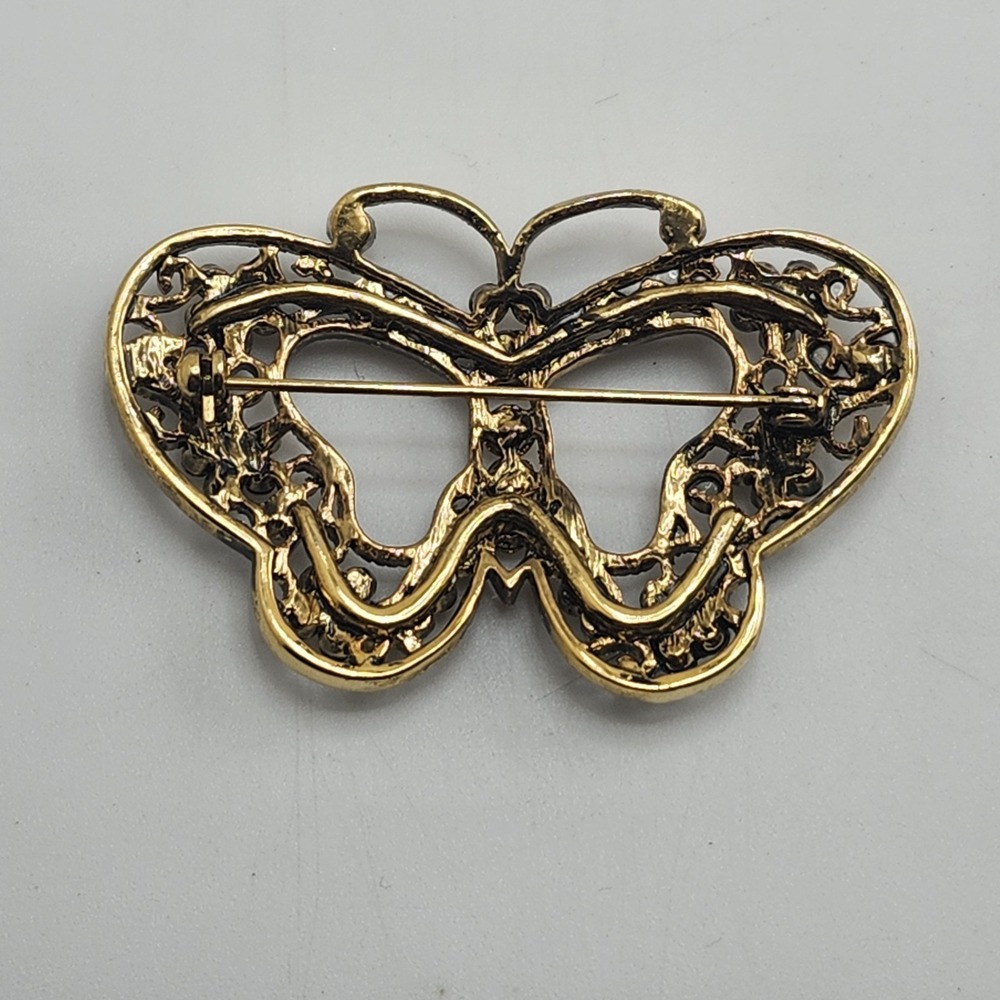 Vintage Art‎ Deco Gold Tone Clear & Amber Glass Rhinestone Butterfly Brooch/ Pin - Picture 2 of 3